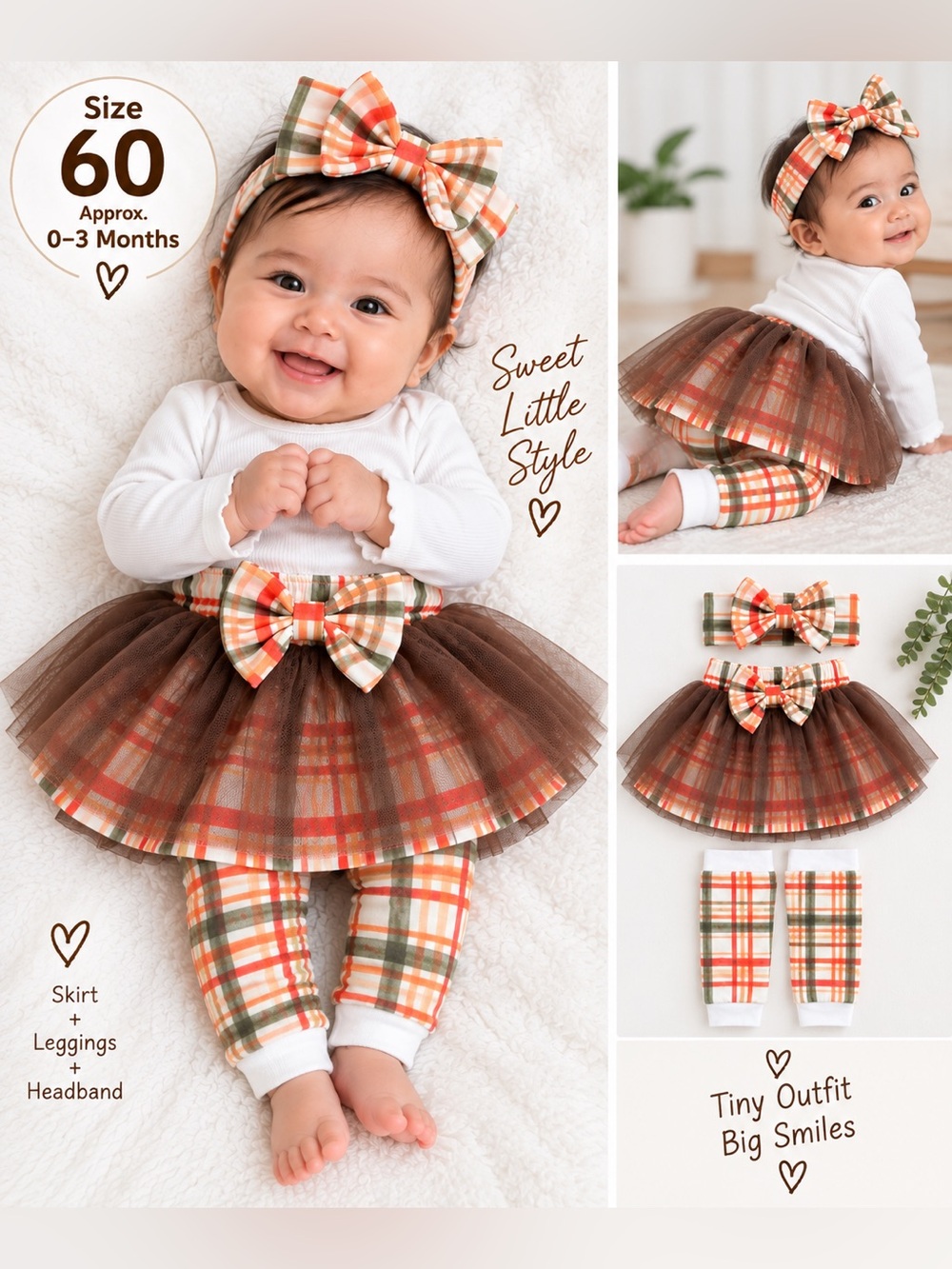Plaid Brown Tulle Skirt & Headband Set for Baby Girls